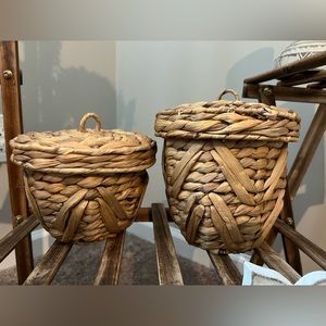 Woven containers with plastic container inside.